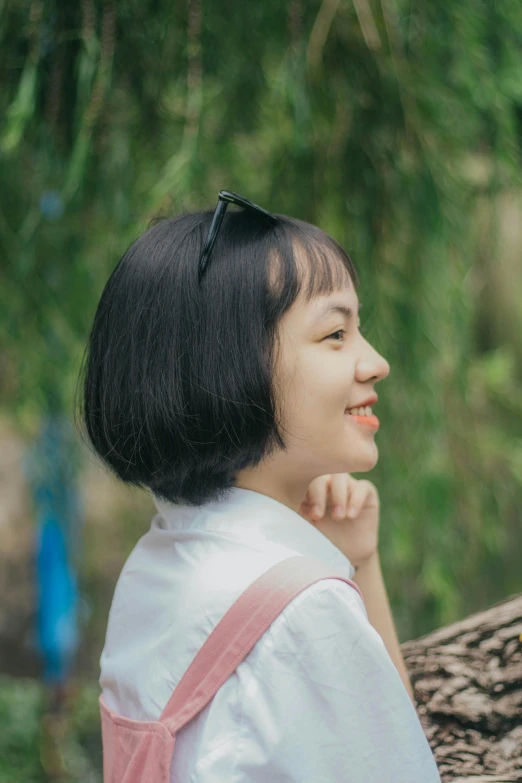 a woman that is standing next to a tree, inspired by Ma Yuanyu, pexels contest winner, realism, white french bob hairstyle, profile image, young cute wan asian face, smol