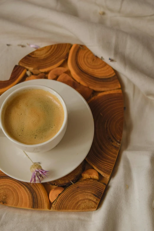 a cup of coffee sitting on top of a white plate, a still life, trending on pexels, renaissance, wood cups, breakfast at las pozas, petals, :: morning