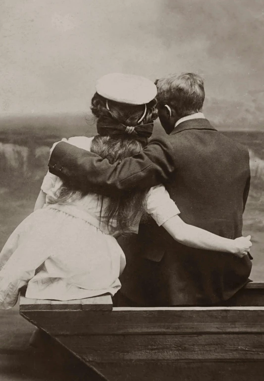 a black and white photo of two people in a boat, a colorized photo, by Alison Geissler, romanticism, overlooking, comforting, 1900s photograph, photographed from behind