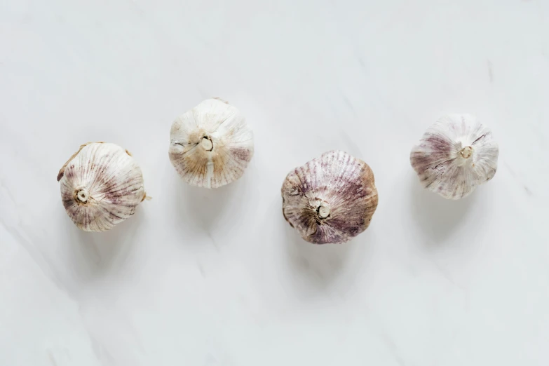 a number of cloves of garlic on a table, unsplash, visual art, all marble, set against a white background, silver，ivory, lined up horizontally