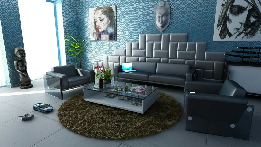 a living room with blue walls and furniture, a 3D render, trending on cg society, maximalism, cgsociety uhd 4k highly detailed, hdr raytracing, blue and grey theme, hyperreal highly detailed 8 k