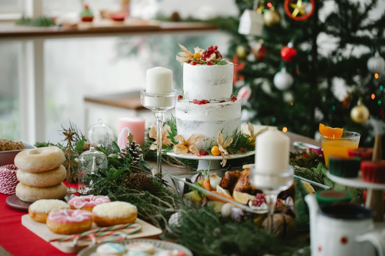 a table topped with lots of food next to a christmas tree, by Liza Donnelly, pexels, cake art, background image, wedding, white table