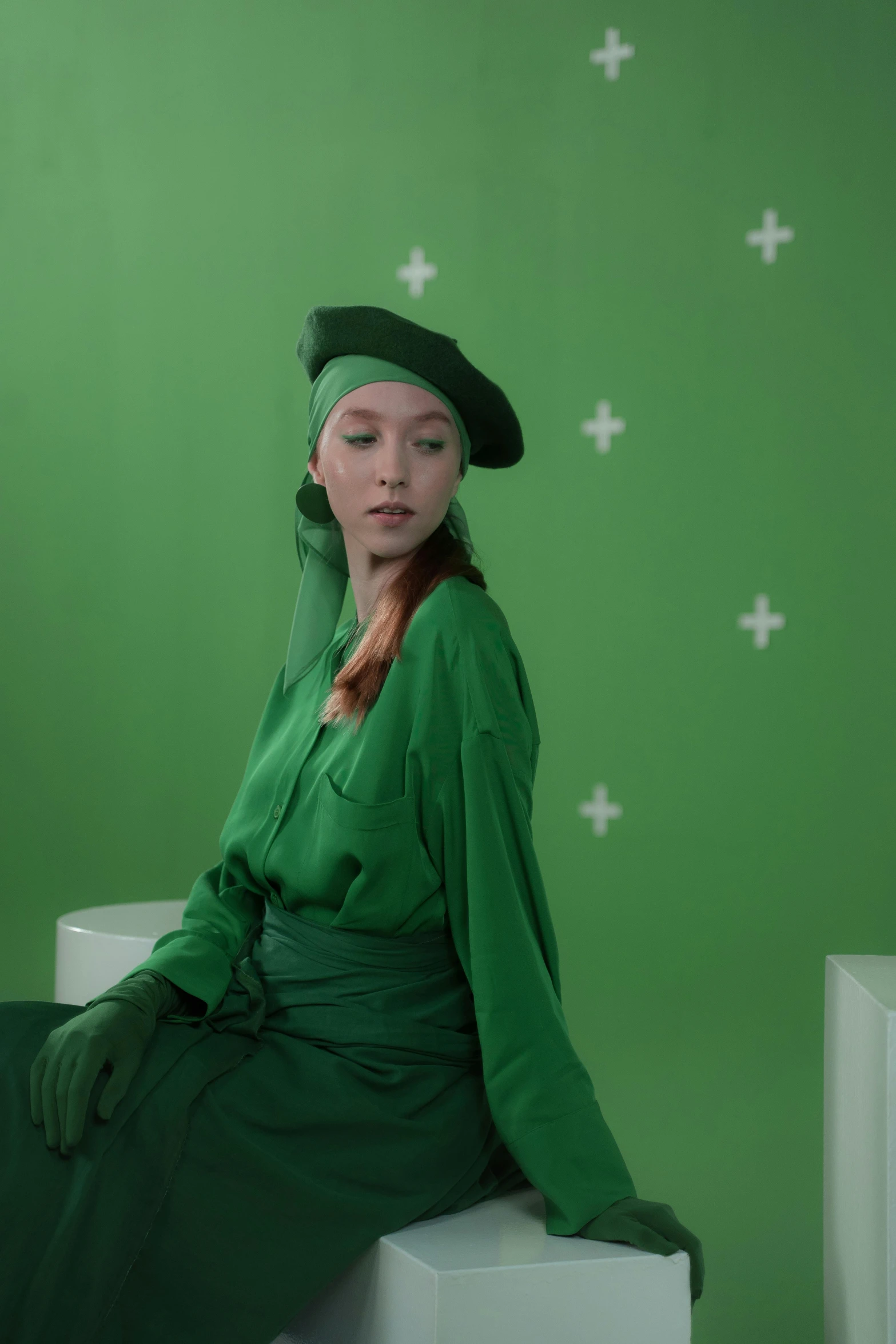 a woman in a green dress and hat, inspired by Art Green, trending on pexels, green screen, sadie sink, berets, zezhou chen