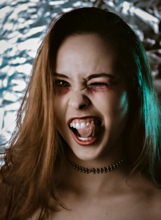 a woman with blood all over her face, inspired by Elsa Bleda, trending on pexels, gothic art, big sharp teeth, underbite, angry high moral sexy werewolf, profile pic
