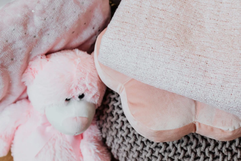 a pink teddy bear sitting next to a pink blanket, trending on pexels, cushions, detail shot, birdseye view, softplay