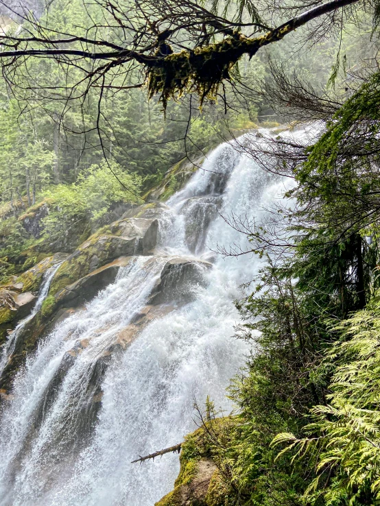 a waterfall in the middle of a lush green forest, lots of raindrops, hiking in rocky mountain, slide show, listing image