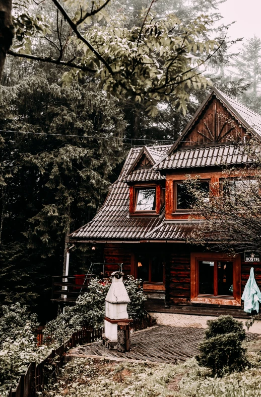 a couple of people standing in front of a house, by Adam Szentpétery, pexels contest winner, forest themed, cozy home background, rainy outside, built on a small