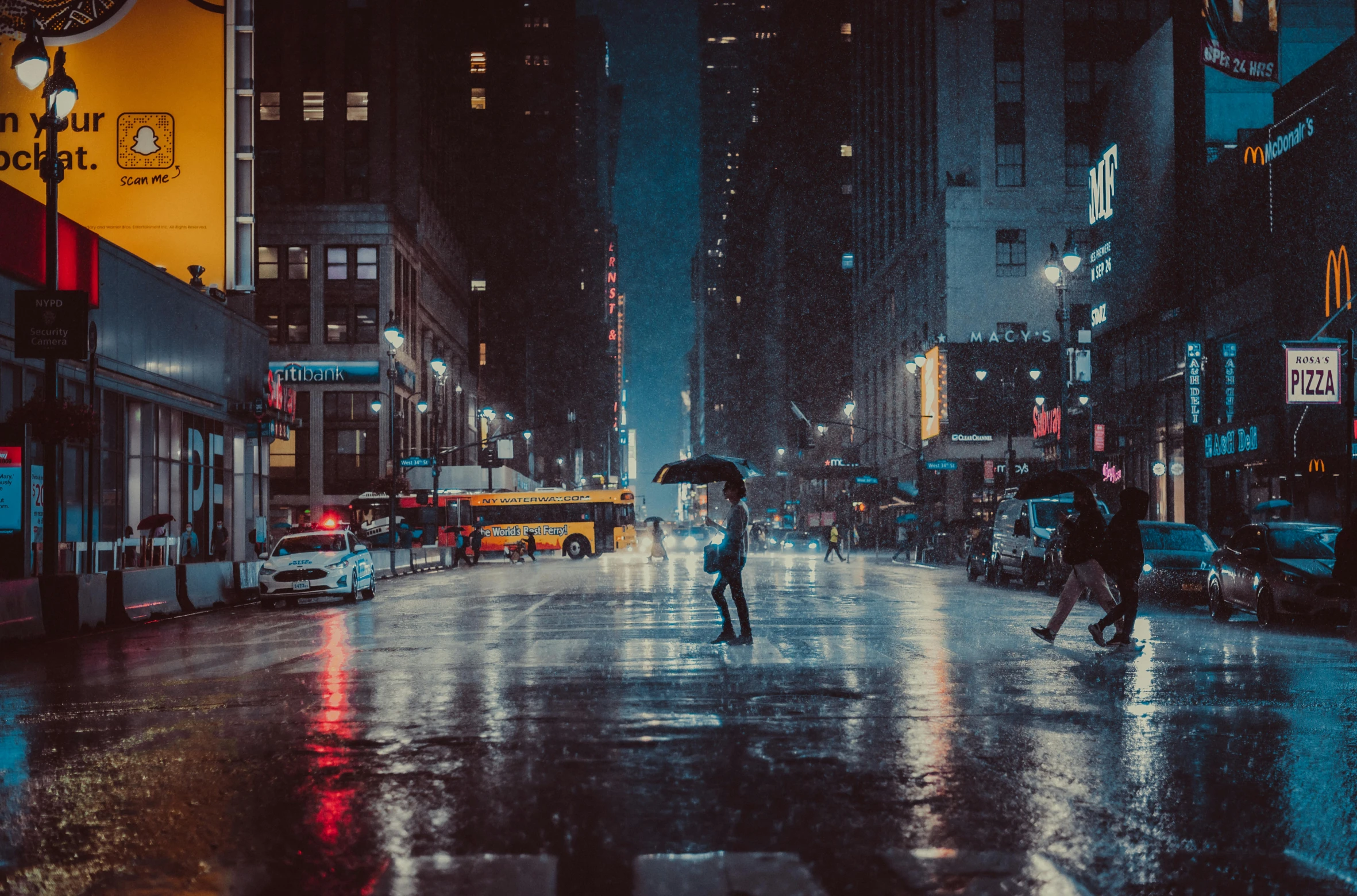 a person crossing the street in the rain, inspired by Elsa Bleda, pexels contest winner, magical realism, night city in the background, background image, people with umbrellas, new york in the future