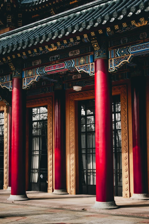 a row of red pillars in front of a building, inspired by Wang Yi, pexels contest winner, cloisonnism, square, library background, chinoiserie wallpaper, detailed color scan”