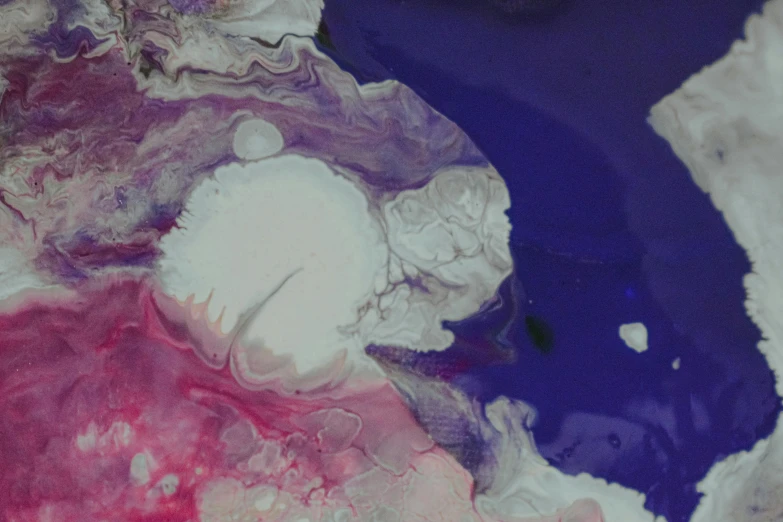 a close up of a plate of food on a table, inspired by Shōzō Shimamoto, flickr, process art, purple liquid, abstract album cover, blue and white and red mist, abstract white fluid
