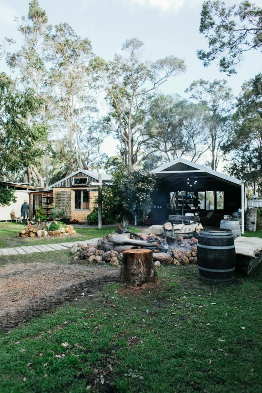 a couple of cabins sitting on top of a lush green field, a portrait, by Elizabeth Durack, unsplash, barrel fires and tents, terrarium lounge area, d. i. y. venue, front view dramatic