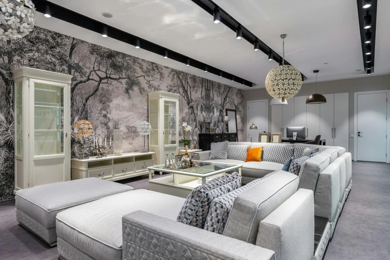 a living room filled with furniture and a chandelier, inspired by John Alexander, photo for a store, wallpaper on the walls, relaxing on a modern couch, grimshaw