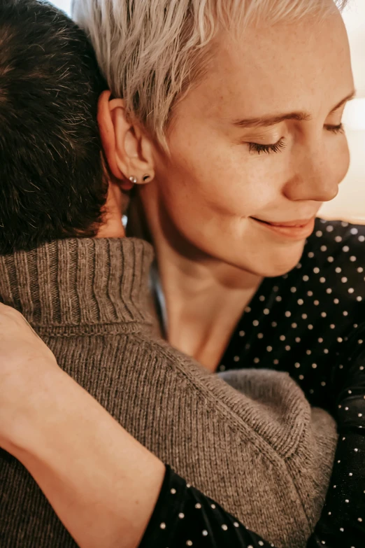 a close up of a person hugging a person, profile image, cosy, anomalisa, non-binary