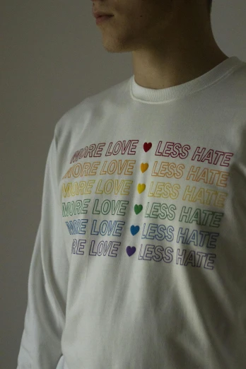 a close up of a person wearing a shirt, by Nina Hamnett, love hate love, lgbtq, long sleeve, instagram picture