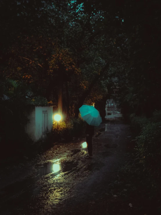 a person walking in the rain with an umbrella, inspired by Elsa Bleda, unsplash contest winner, tonalism, in a deep lush jungle at night, ☁🌪🌙👩🏾, teal aesthetic, lofi album art