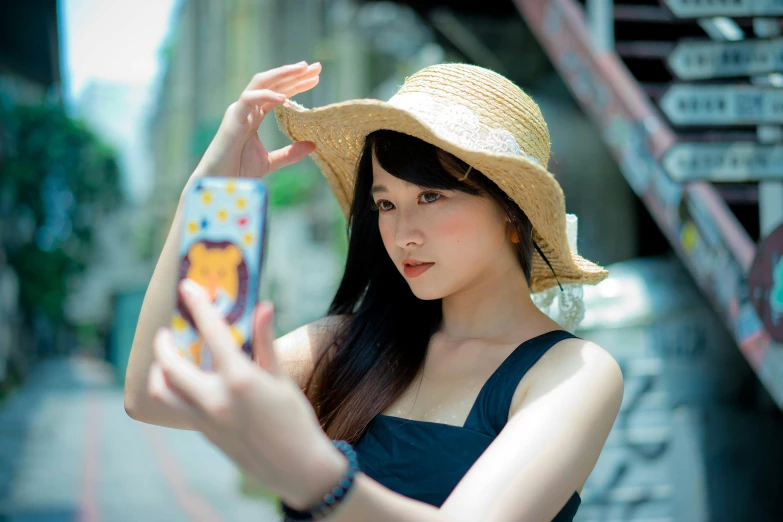a woman in a straw hat taking a picture of herself, a picture, pexels contest winner, asian beautiful face, waifu, square, 2 0 5 6