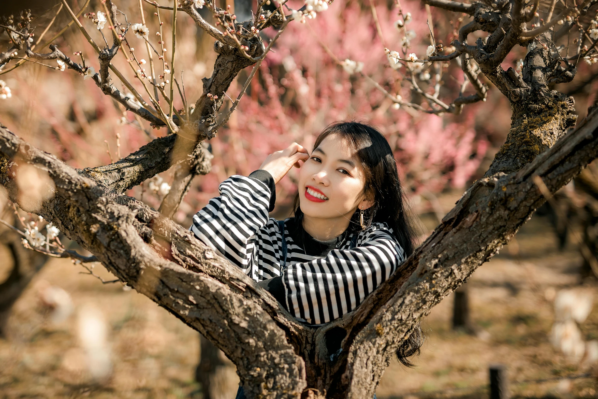 a woman that is sitting in a tree, inspired by Kim Jeong-hui, pexels contest winner, wan adorable korean face, 🌸 🌼 💮, avatar image, 2 3 years old