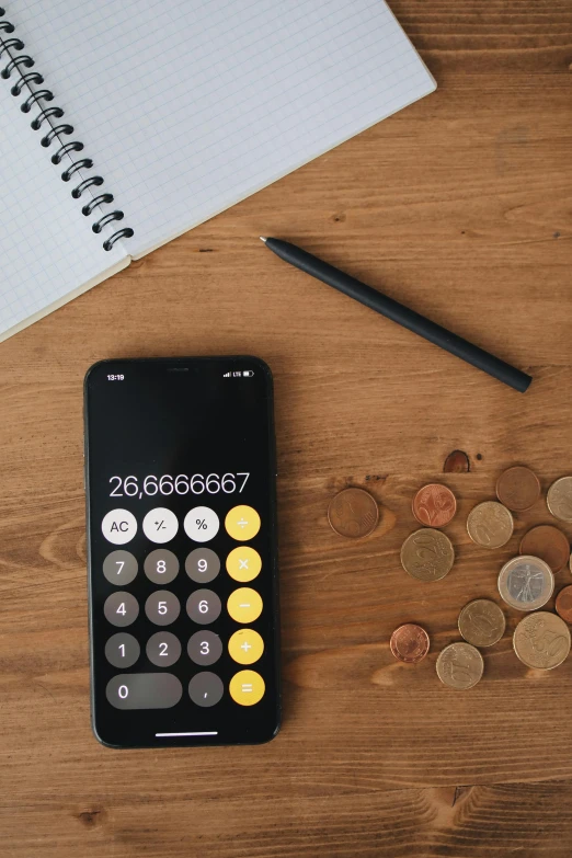 a calculator sitting on top of a wooden table next to a notebook, trending on pexels, gold coins, instagram story, bl, thumbnail