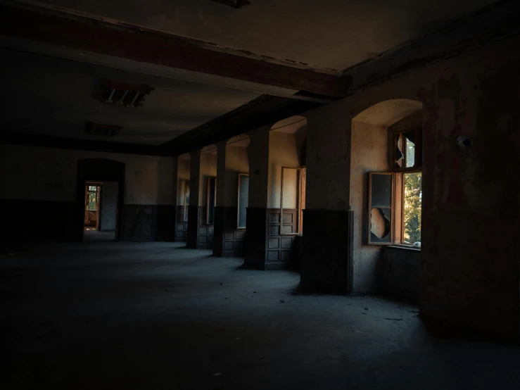 an empty room with a lot of windows, a portrait, inspired by Elsa Bleda, unsplash contest winner, dark ruins landscape, barracks, low quality photo, high quality image