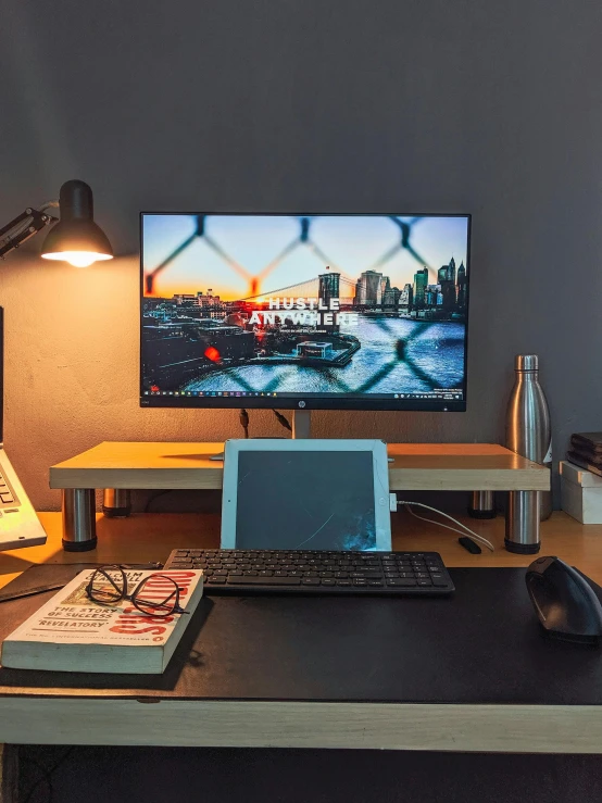 a desktop computer sitting on top of a wooden desk, by Jason Felix, unsplash, hyperrealism, everything fits on the screen, soft lighting 8k, ilustration, ultrawide angle cinematic view