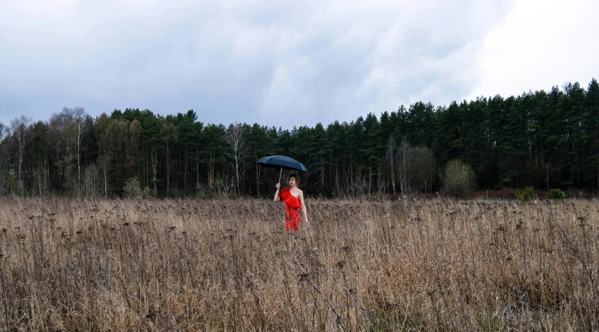 a woman in a field holding an umbrella, inspired by Storm Thorgerson, unsplash, in an open forest, neo rauch and nadav kander, recital, wearing a red dress