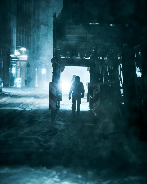 a couple of people walking down a street at night, a matte painting, pexels contest winner, conceptual art, extreme cold, cinematic industrial lighting, underground scene, cold winter