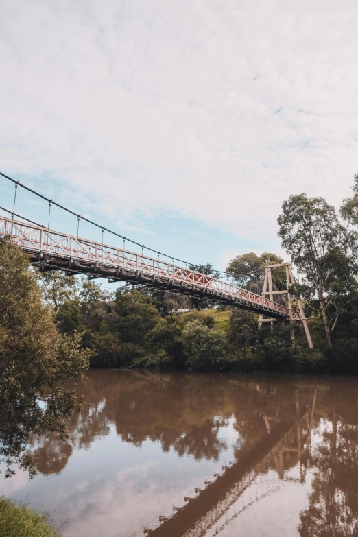 a bridge over a body of water with trees in the background, carrington, suspended bridge!, milk, outdoor