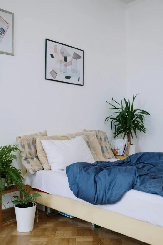 a bed sitting on top of a wooden floor next to a plant, a portrait, visual art, indigo, profile image, furnished room, dwell