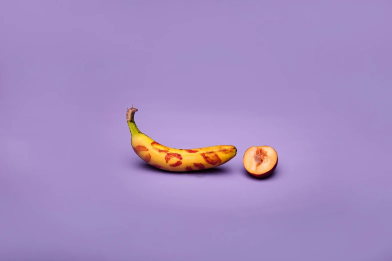 a banana sitting on top of a purple surface, peach, winning photograph, matt mute colour background, fruitcore