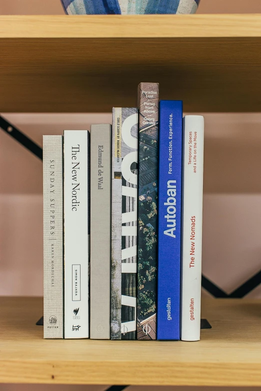 a couple of books sitting on top of a wooden shelf, a photo, by Carey Morris, unsplash, modernism, dwell, various posed, hyperdetailed, on a pedestal