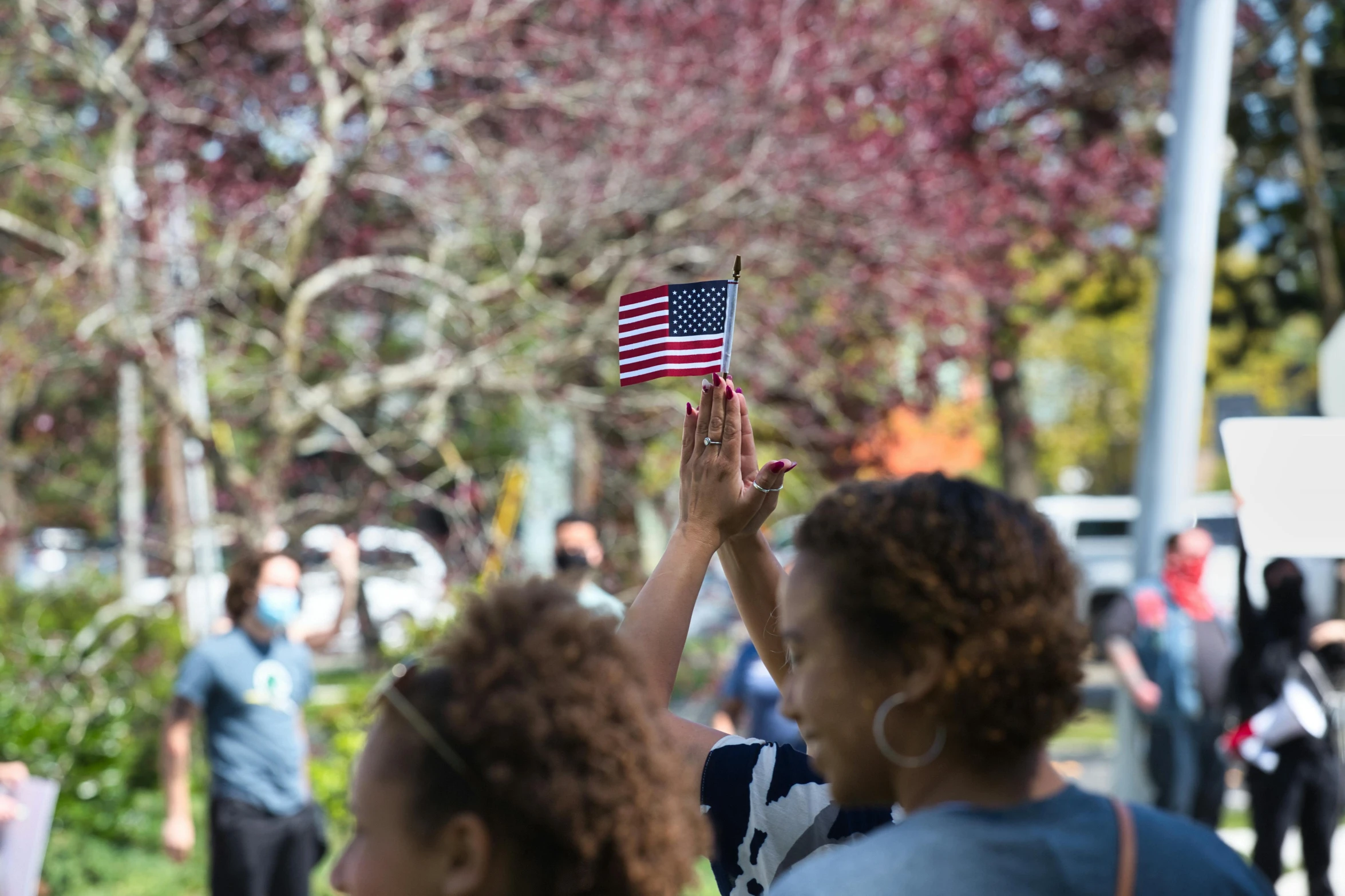 a group of people waving an american flag, a photo, unsplash, symbolism, square, warm spring, no blur, low quality photo