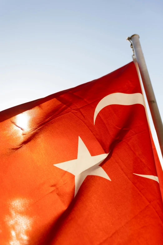 a turkish flag blowing in the wind on a sunny day, an album cover, pexels, square, evening sun, high quality photo, concern