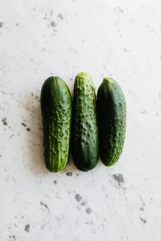 three cucumbers sitting next to each other on a table, unsplash, high resolution product photo, multiple stories, 2995599206, sydney hanson