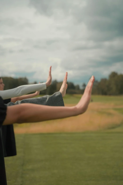 a group of people standing on top of a lush green field, sleek hands, tai chi, shot on anamorphic lenses, balance beams