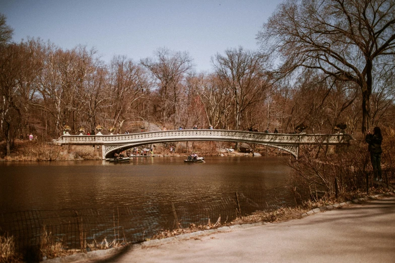 a bridge over a body of water surrounded by trees, inspired by Elsa Bleda, pexels contest winner, central park, perfect spring day with, shot on hasselblad, a quaint