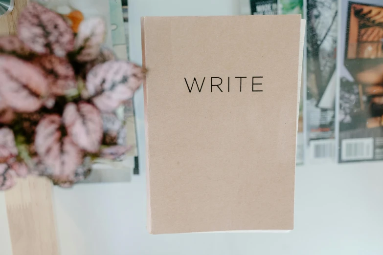 a book sitting on top of a table next to a vase of flowers, by Robbie Trevino, unsplash contest winner, graffiti, blank paper, beige, luxury journal cover, computer