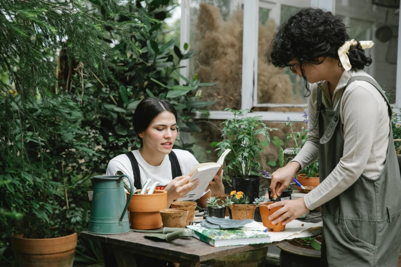 a couple of people that are standing around a table, gardening, profile image, flatlay, educational