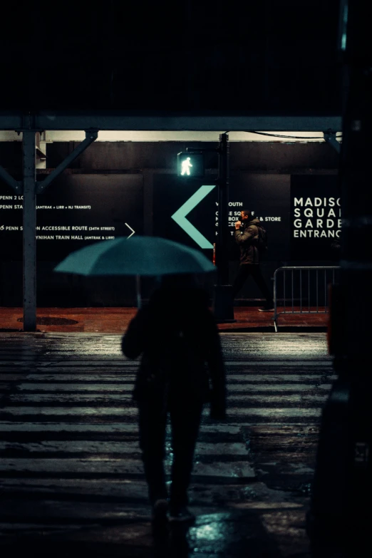 a person walking in the rain with an umbrella, poster art, by Adam Marczyński, unsplash contest winner, cyberpunk signs, background is a low light museum, magnum photos 4k, lightroom preset