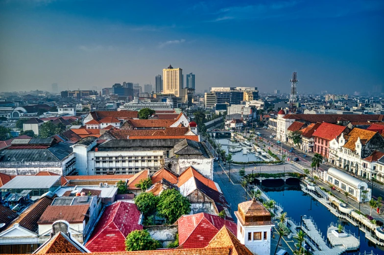 a view of a city from the top of a building, sumatraism, whitewashed buildings, canals, istock, square