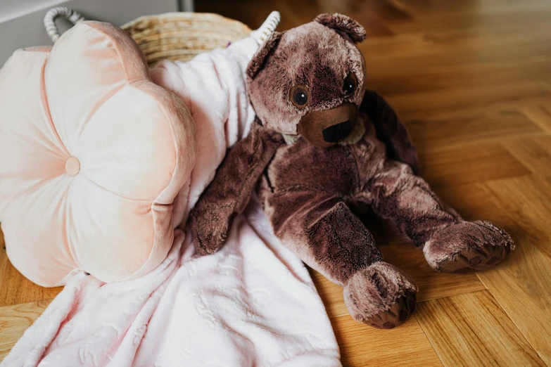 a brown teddy bear sitting on top of a wooden floor, pink, plush furnishings, tula, detail shot