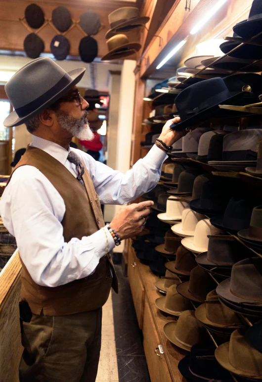 a man in a hat shop looking at hats, by Everett Warner, reddit, slide show, instagram post, brown, profile pic