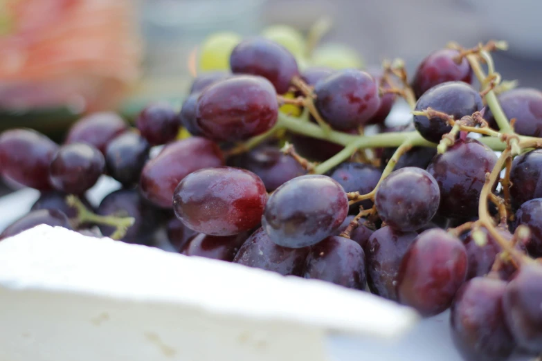 a close up of a bunch of grapes, by Julian Hatton, unsplash, gourmet and crafts, purple and red, al fresco, promo image