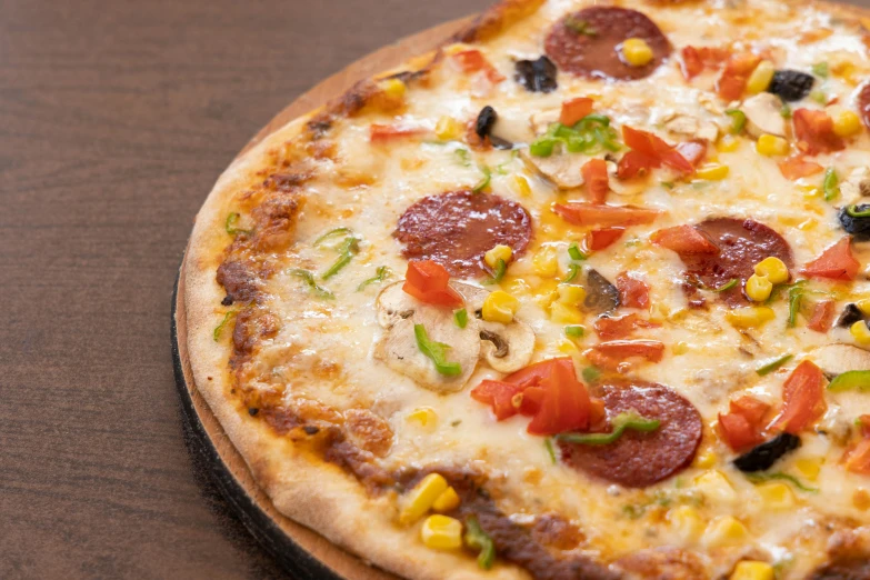 a pizza sitting on top of a wooden cutting board, multi - coloured, medium angle, kano), up close image