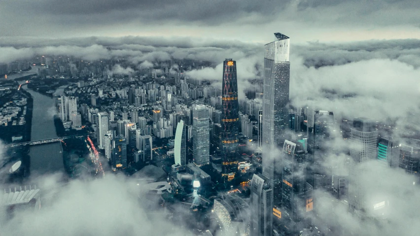 a city with lots of tall buildings under a cloudy sky, by Beeple, pexels contest winner, sichuan, helicopter footage over city, foster and partners, 2 0 2 2 photo