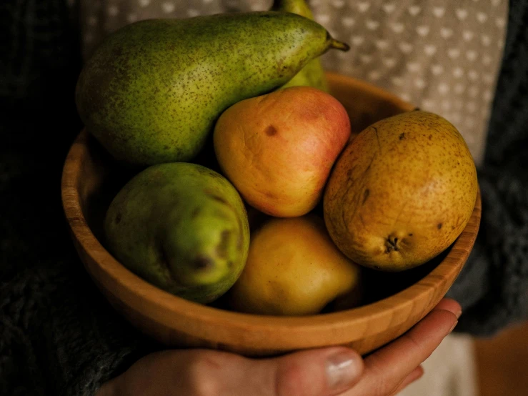a close up of a person holding a bowl of fruit, a still life, by Mardi Barrie, pexels, pears, a wooden, various sizes, 2 1 0 mm