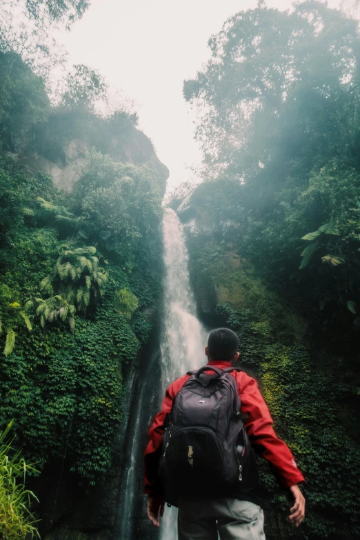 a man standing in front of a waterfall, by Daren Bader, sumatraism, with a backpack, walking away, dense with greenery, instagram post