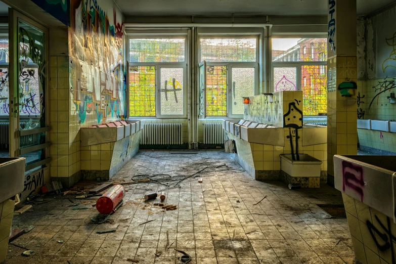 a bathroom with graffiti all over the walls, by Sebastian Spreng, pexels contest winner, school classroom, tiled room squared waterway, demolition, view