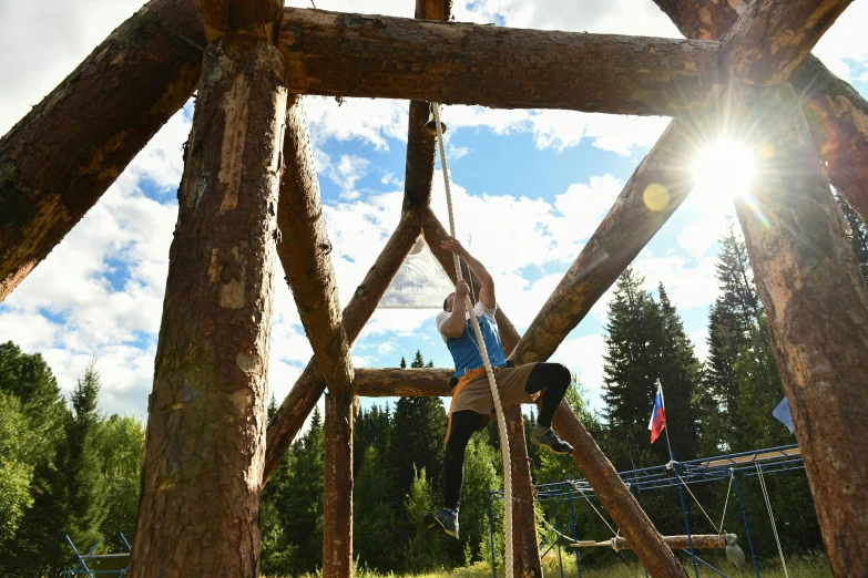 a woman is hanging upside down on a rope, wooden structures, tarmo juhola, profile image, regular build