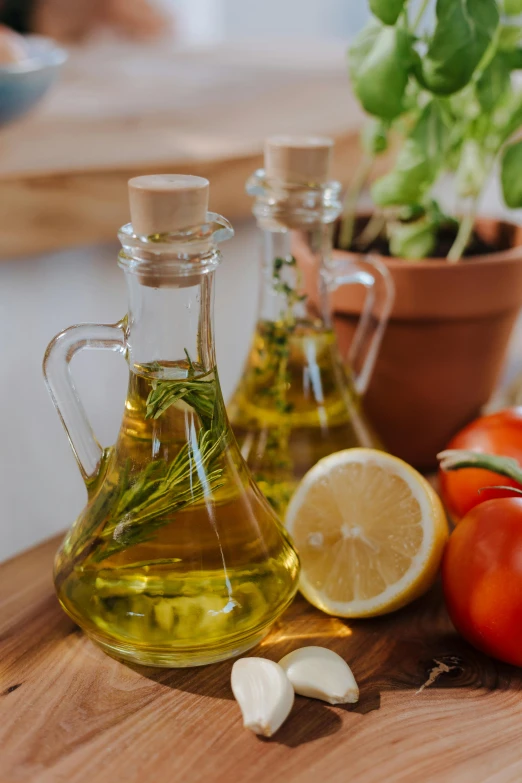 a wooden cutting board topped with different types of vegetables, oils, detailed product image, inside a glass jar, mediterranean