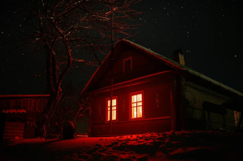 a red house in the snow at night, an album cover, by Adam Marczyński, pexels contest winner, magical realism, dark neon lighting, cottagecore, brown, bright red